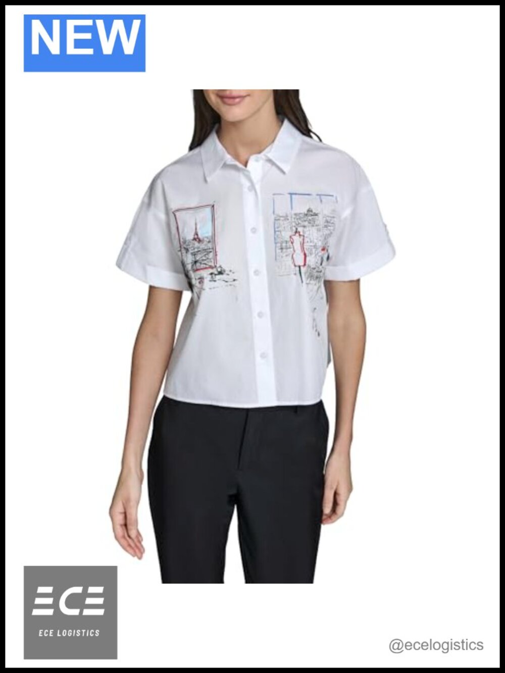 Karl Lagerfeld Whimsical Paris Scene Blouse Cap Sleeve Button Crew Neck Relaxed